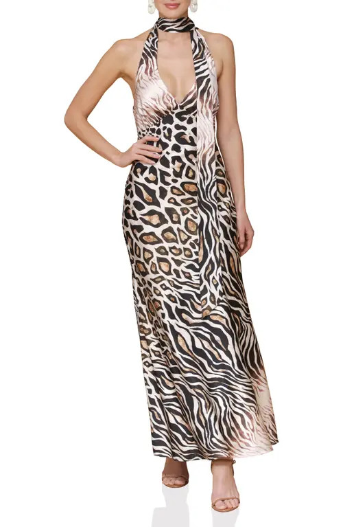 Avec Les Filles Scarf Tie Neck Animal Print Maxi Dress in Tabloid Animal at Nordstrom, Size 6 | Nordstrom
