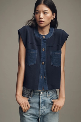 Pilcro Denim Crewneck Cardigan Sweater Vest | Anthropologie (US)