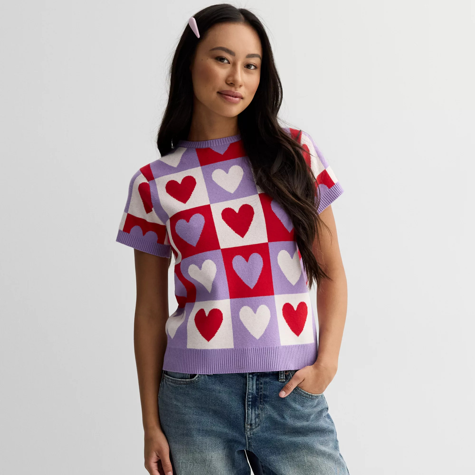 Juniors' FOREVER & EVER Short Sleeve Checkerboard Hearts Crewneck Pullover | Kohl's