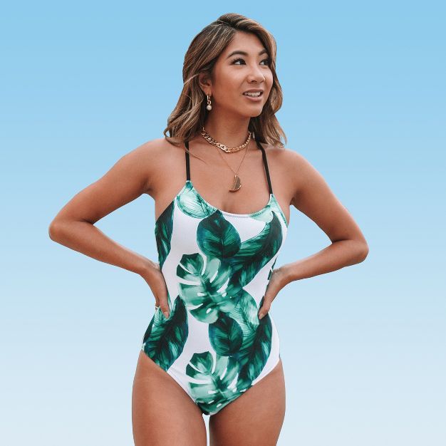 Women's Leafy Print One Piece Swimsuit Lace Up Back Crisscross Bathing Suit -Cupshe | Target
