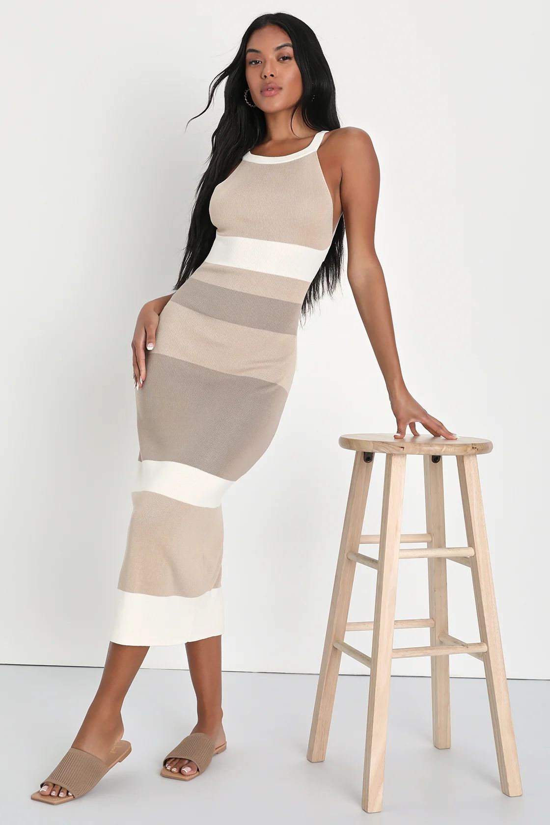 Chic Obsession Beige Striped Tie-Back Sleeveless Sweater Dress | Lulus (US)