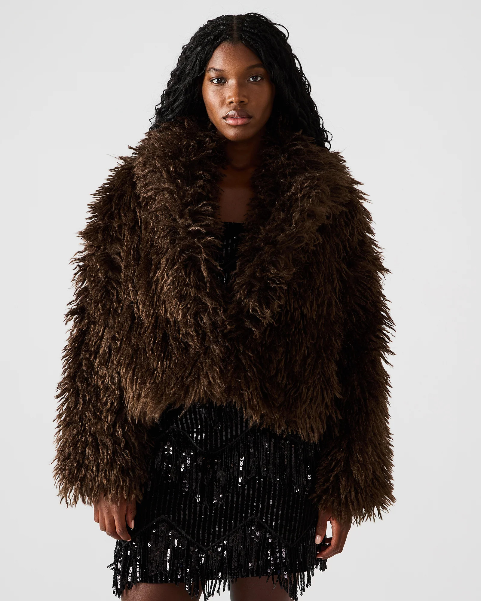 INAYA Dark Espresso Long-Sleeved Faux Fur Shaggy Women's Coat | Steve Madden (US)