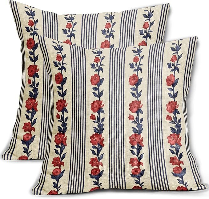 4th of July Floral Pillow Covers 18x18 Set of 2 Blue Red Vintage Patriotic Flower Striped Pattern... | Amazon (US)