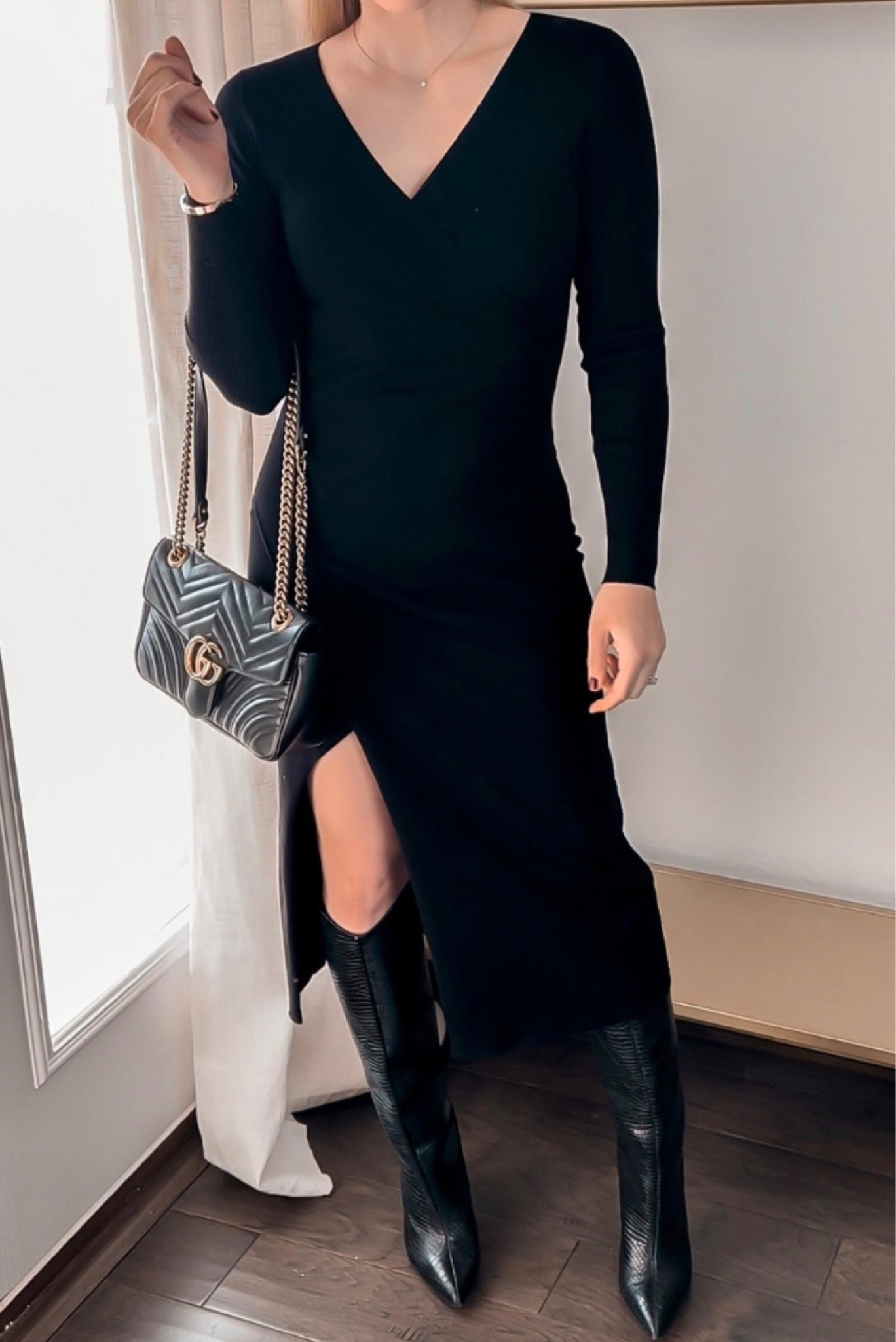 Black wrap dress
Sweater dress
Black boots 
Gucci bag
Fall outfit #LTKSeasonal #LTKitbag #LTKshoecrush