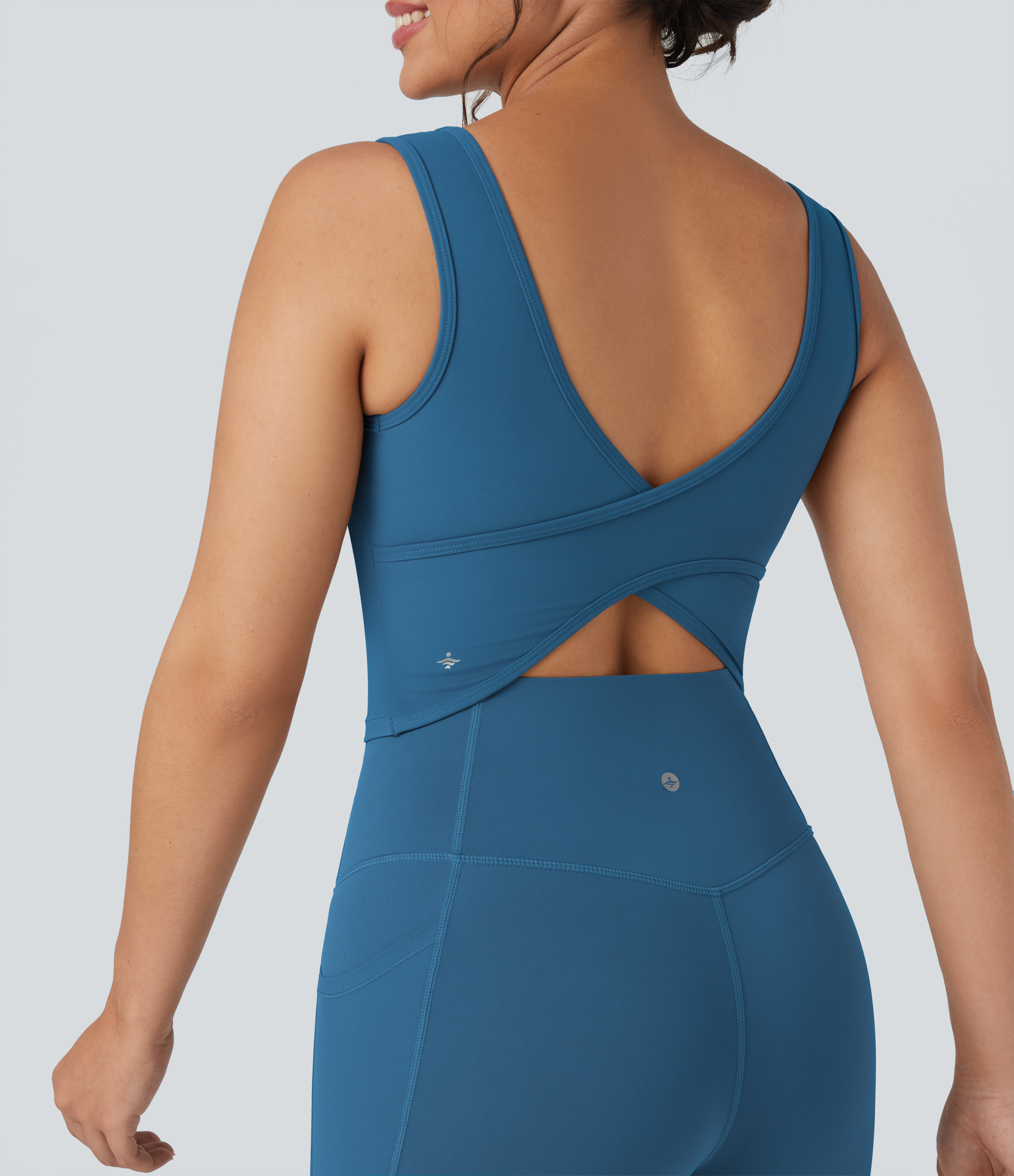 Halara Halara UltraSculpt™ U Neck Crossover Cropped Yoga Tank Top Tank Top - Vallarta Blue - S golf tops halter top tunic tops | HALARA