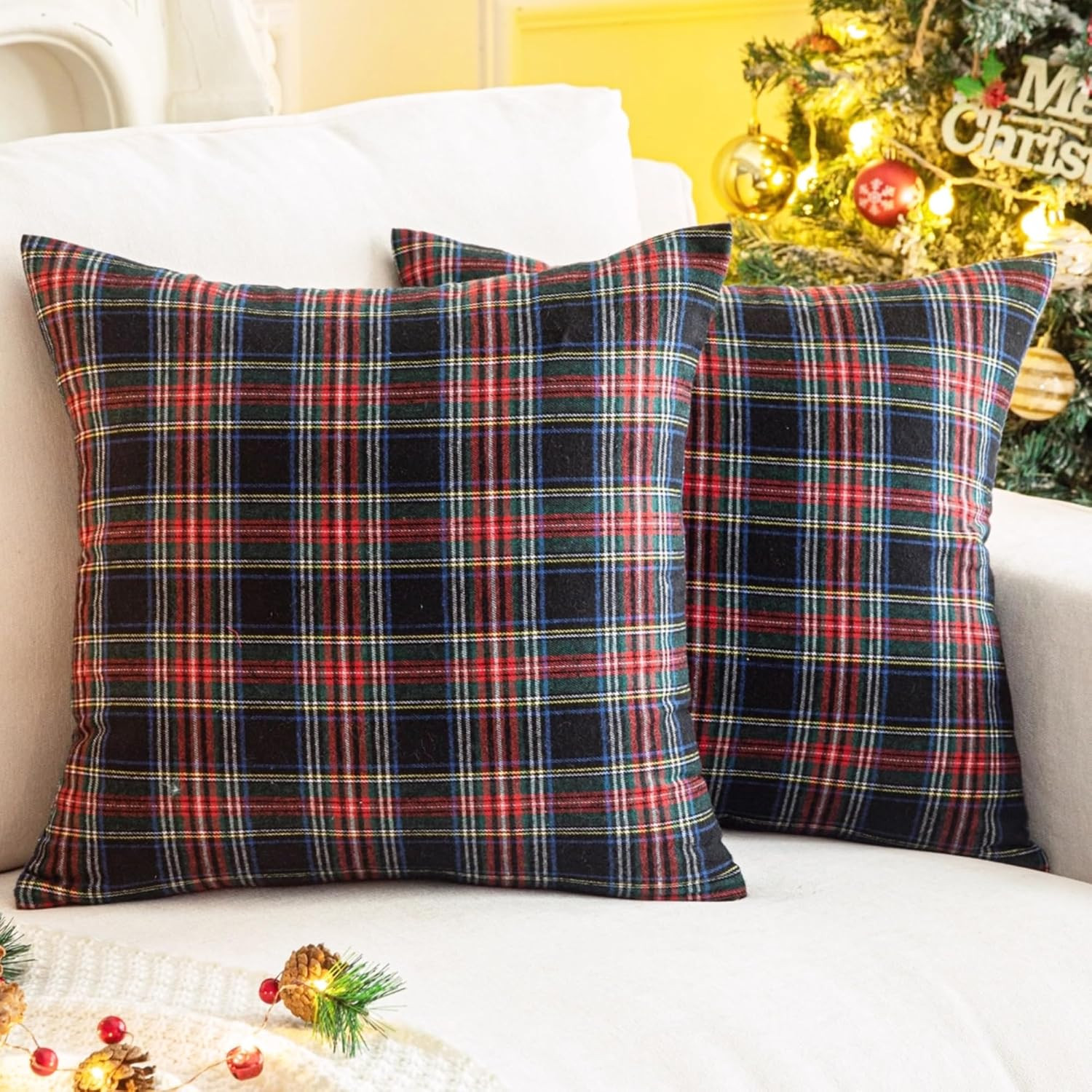 Christmas Plaid Decorative Throw Pillow Covers Black 20x20 Inches | Amazon (US)