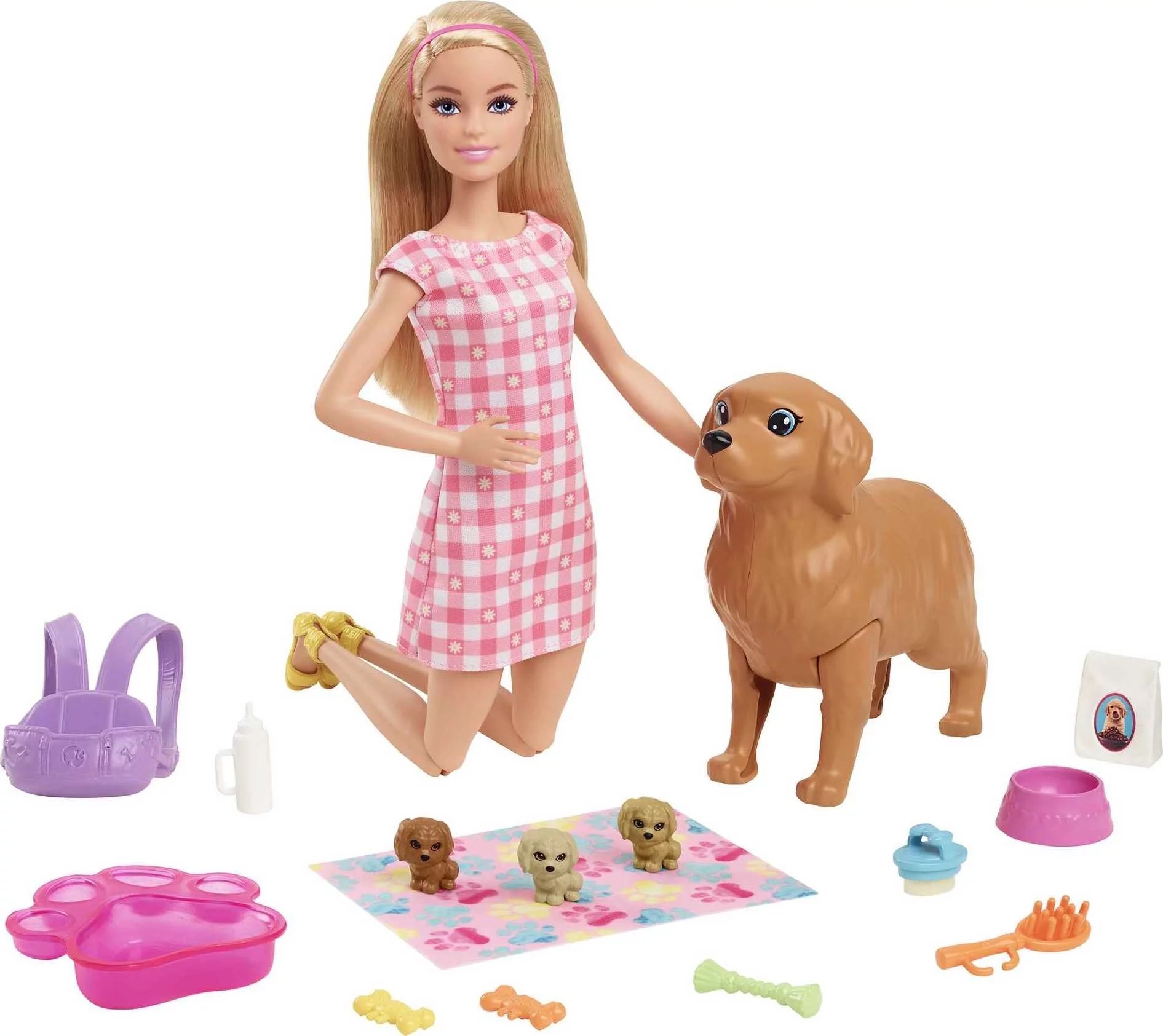 Barbie Doll & Newborn Pups Playset with Mom Dog, 3 Color-Change Puppies & 11 Accessories, Blonde ... | Walmart (US)