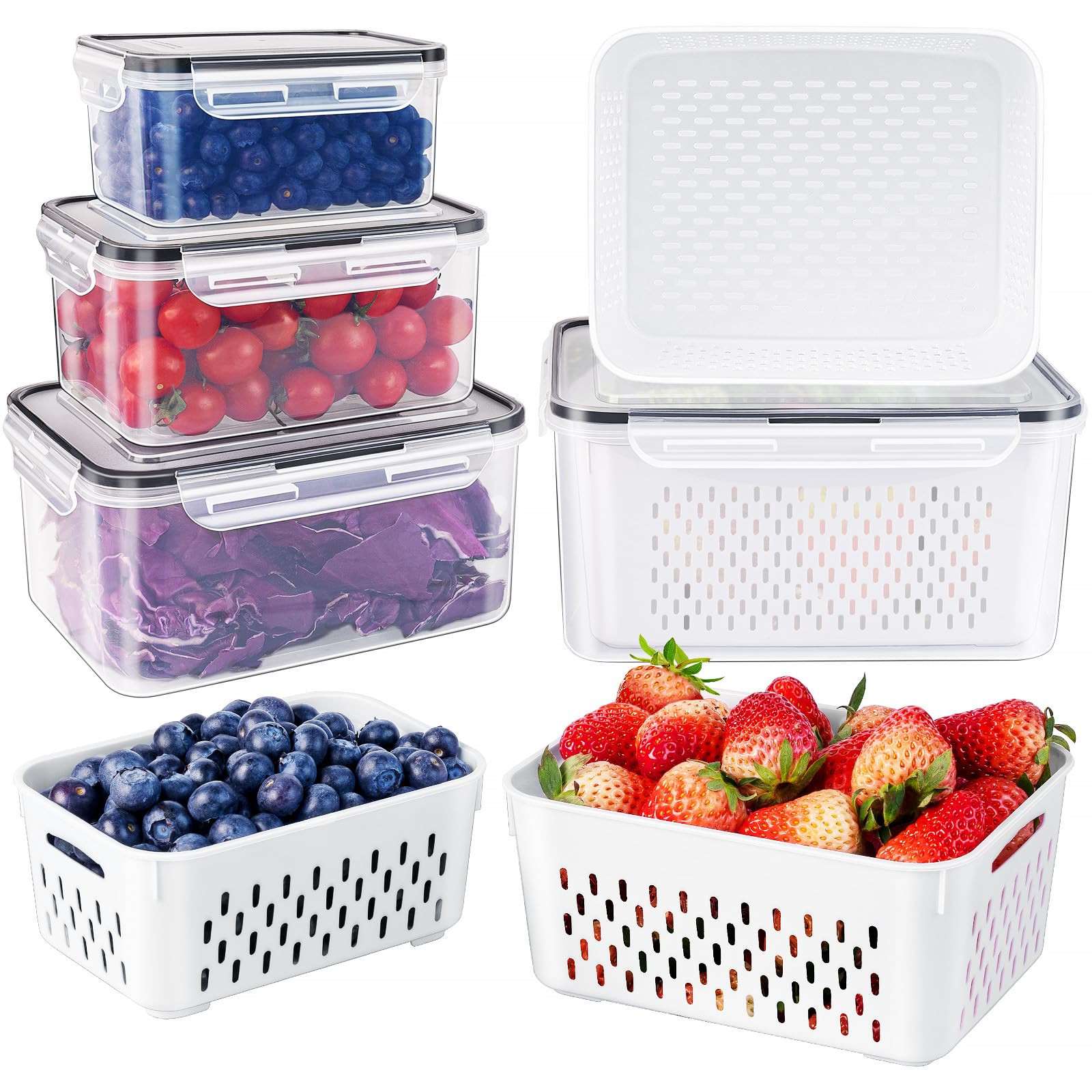 4 PCS Large Fruit storage Containers for Fridge with Removable Colanders, Leakproof Food Storage ... | Amazon (US)