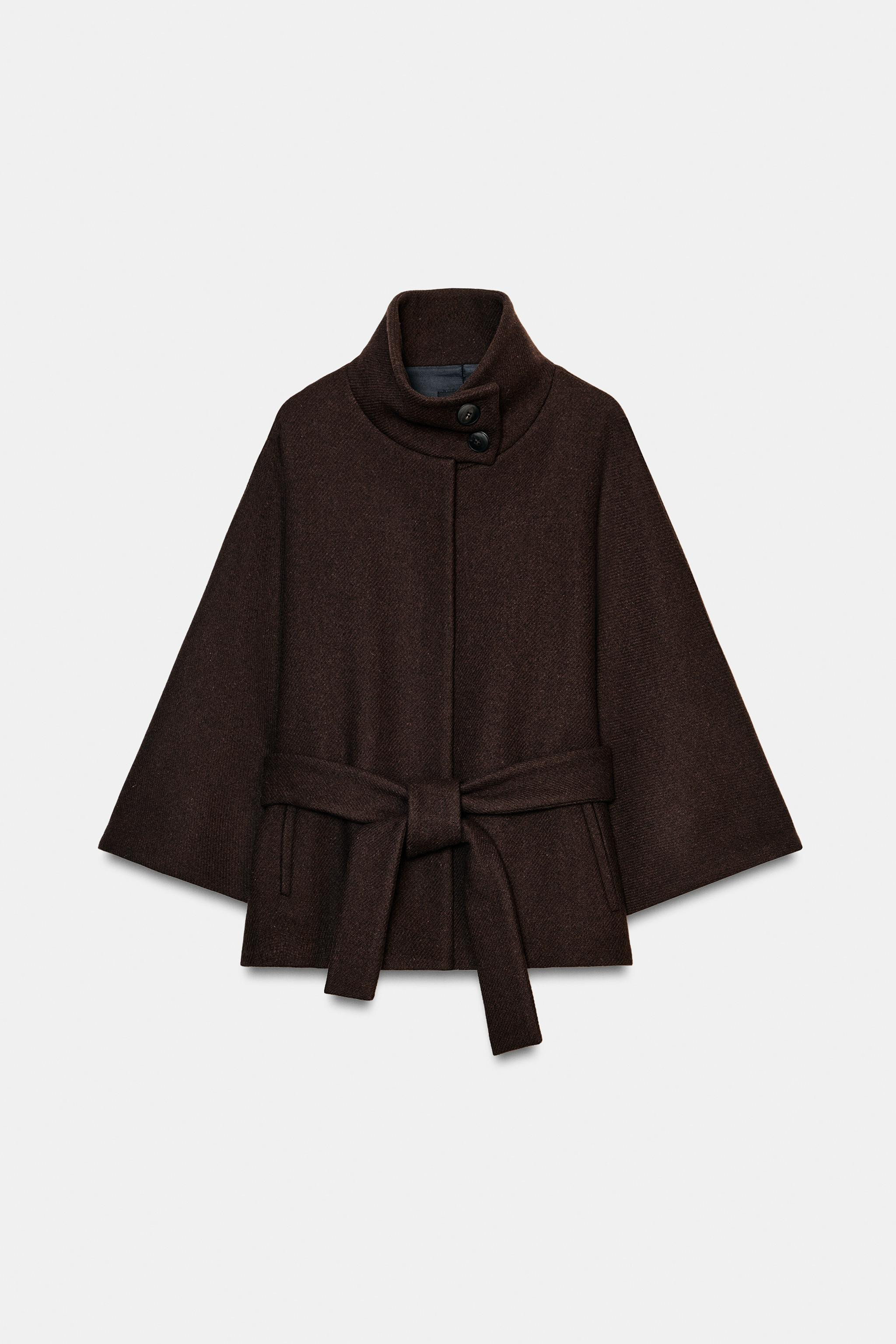 CROPPED WOOL CAPE COAT WITH BELT | Zara US
