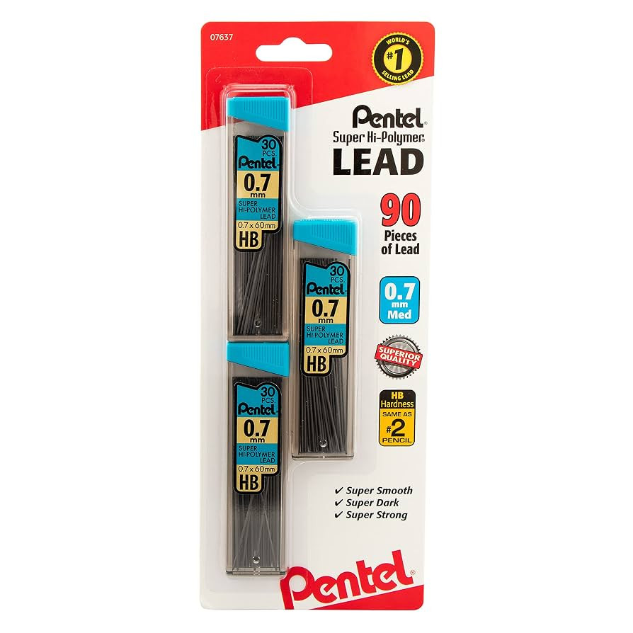 Pentel C27BPHB3K6 Super Hi-Polymer Lead Refills, 0.7mm, HB, Black, 30/Tube, 3 Tubes/Pack | Amazon (US)