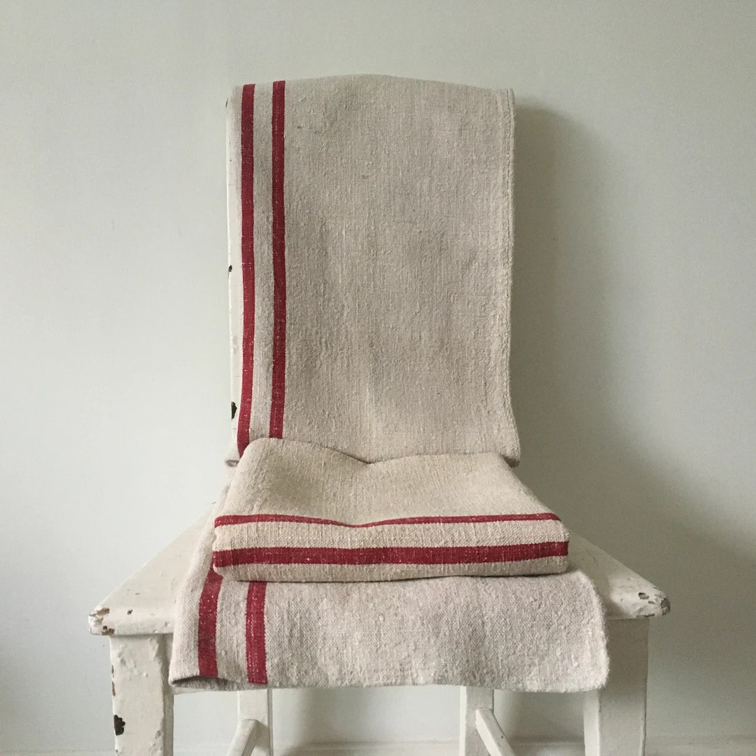 Off White With Red Stripe Vintage Linen Grainsack Sewing - Etsy | Etsy (US)