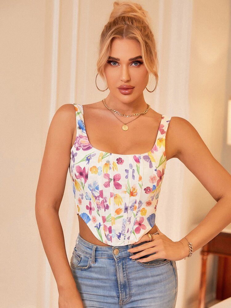 PARTHEA Floral Print Hanky Hem Zip Back Corset Tank Top | SHEIN