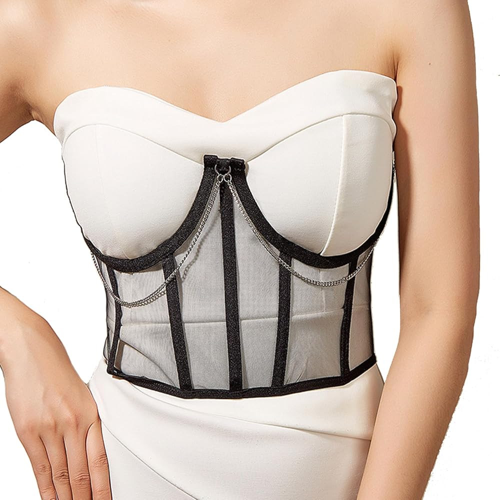 HOTWILL Underbust Corset Belts for Women Lace Up Tie Back Bustier Sheer Mesh Cincher Waist Belt | Amazon (US)