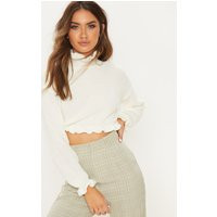 Ivory Knit High Neck Ruffle Trim Crop Sweater | PrettyLittleThing US
