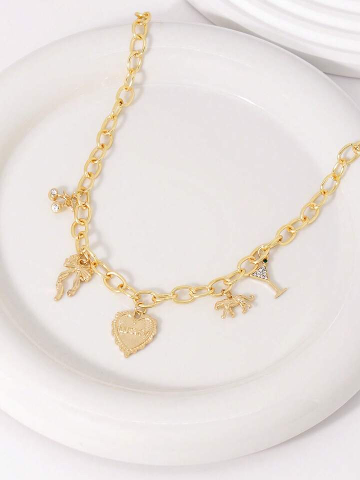 1pc Elegant Charm Necklace With Heart, Bowknot, Wine Glass, Cherry Pendant, Multi-Element Design ... | SHEIN