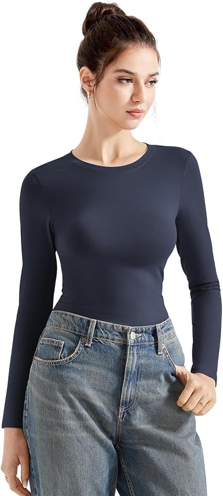 SUUKSESS Women Crew Neck Fitted T Shirts Cotton Jersey Basic Long Sleeve Tops | Amazon (US)