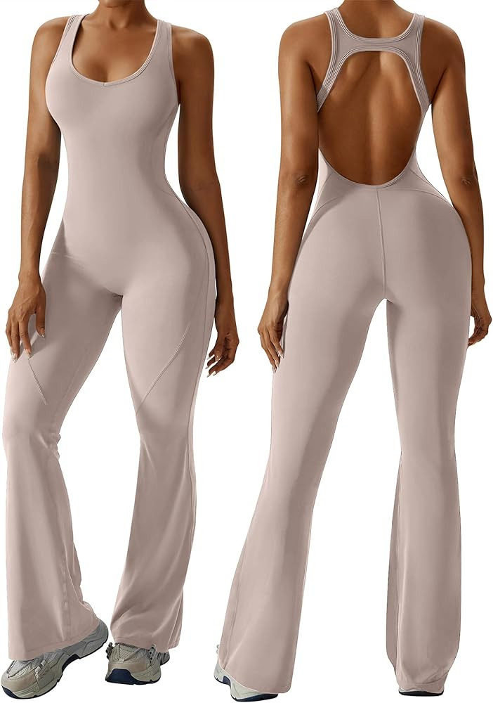 OEAK Womens Flare Jumpsuit with Bra Tummy Control Cutout Romper Workout Outfit Sleeveless Unitard... | Amazon (US)