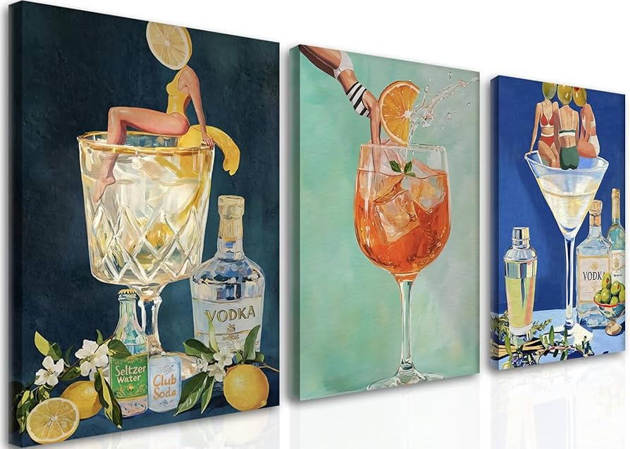 Vintage Cocktail Canvas Wall Art Set of 3, Retro Dirty Martini Bar Cart Wall Decor Paintings, Pre... | Amazon (US)