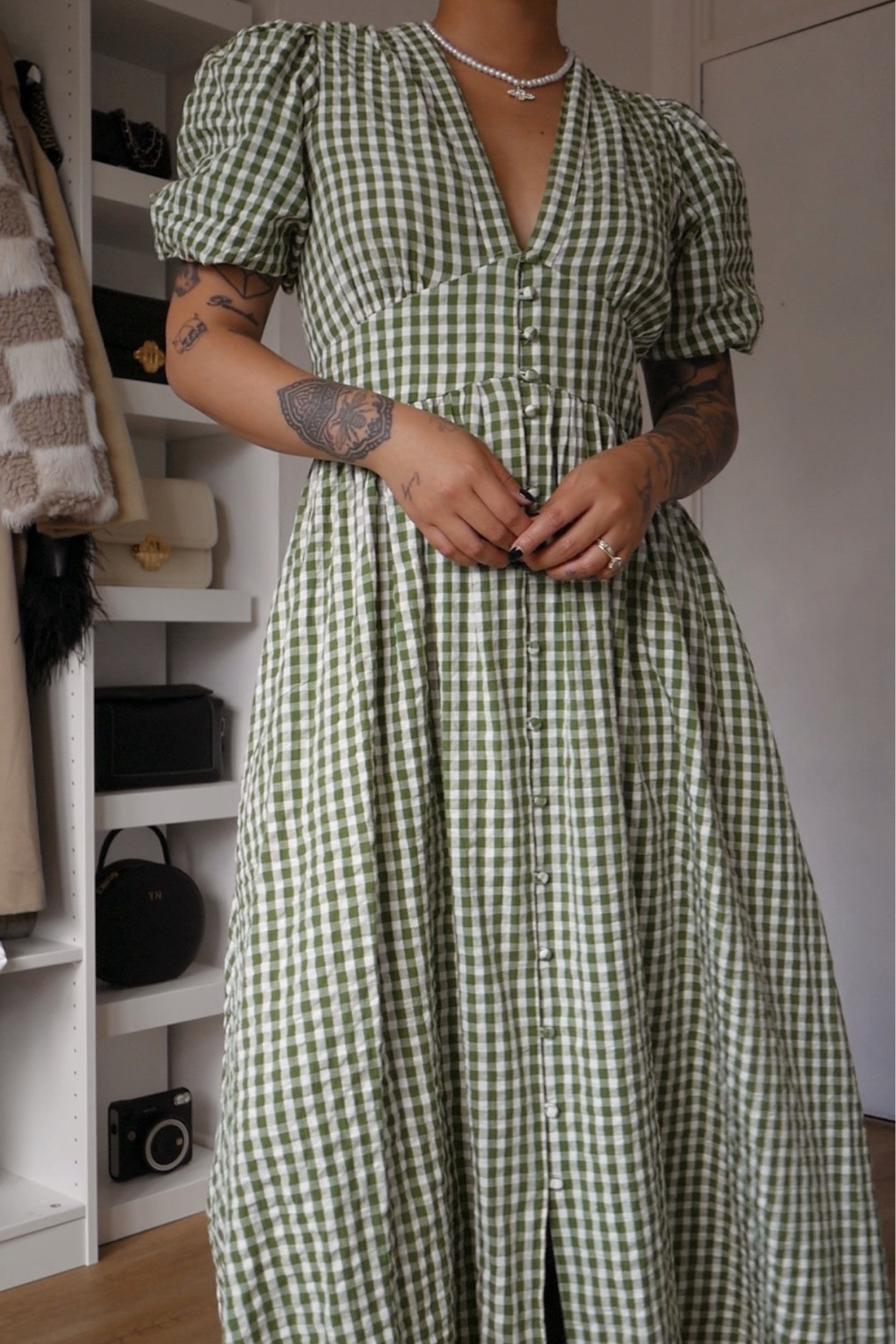 green emerald velvet dress Gingham Check Midi Dress – English Factory