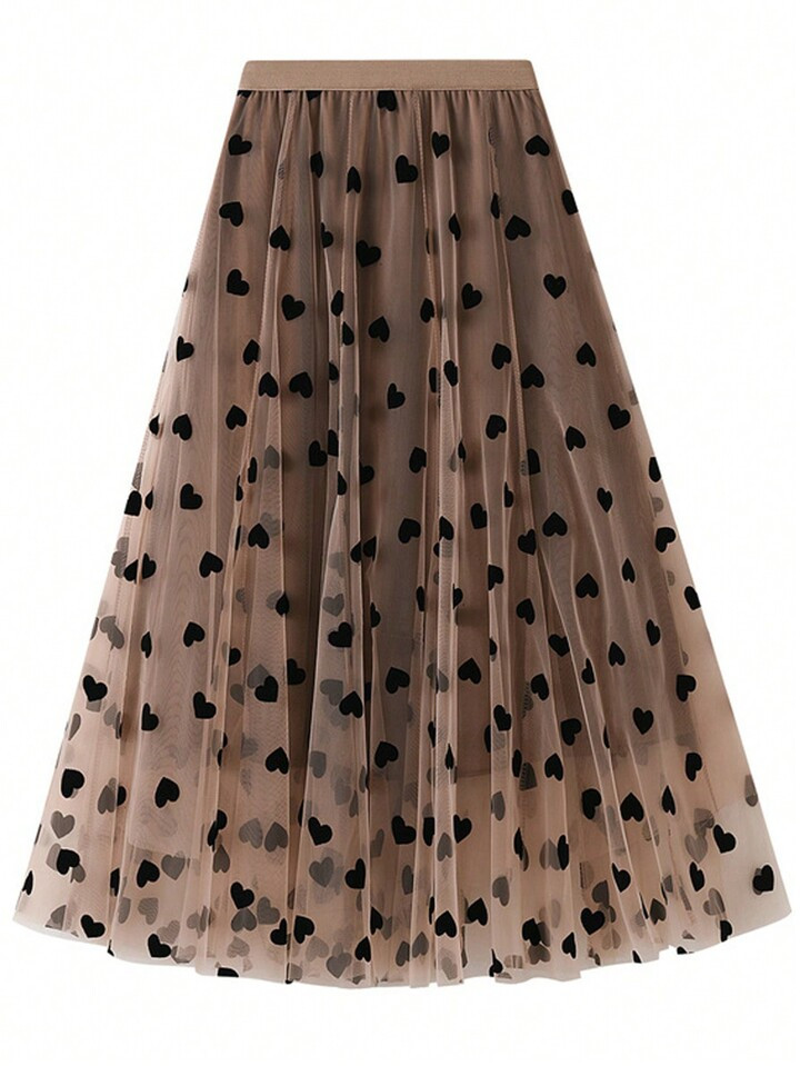 Heart Print Mesh Overlay Skirt | SHEIN