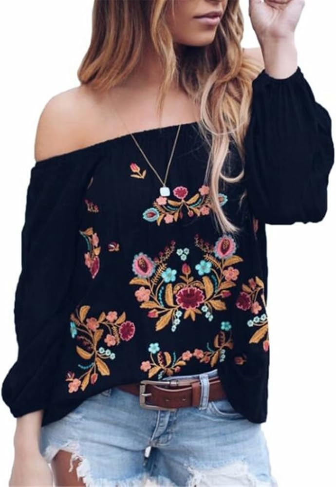 Embroidered Mexican Peasant Shirts Sexy Off The Shoulder Blouse Summer Boho Floral Embroidery Lon... | Amazon (US)