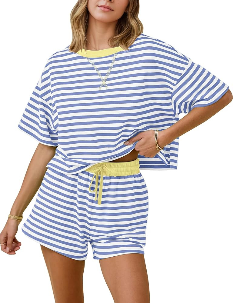 MISSACTIVER Womens Lounge 2 Piece Sets Summer Striped Matching Pajamas Set Short Sleeve Oversized... | Amazon (US)