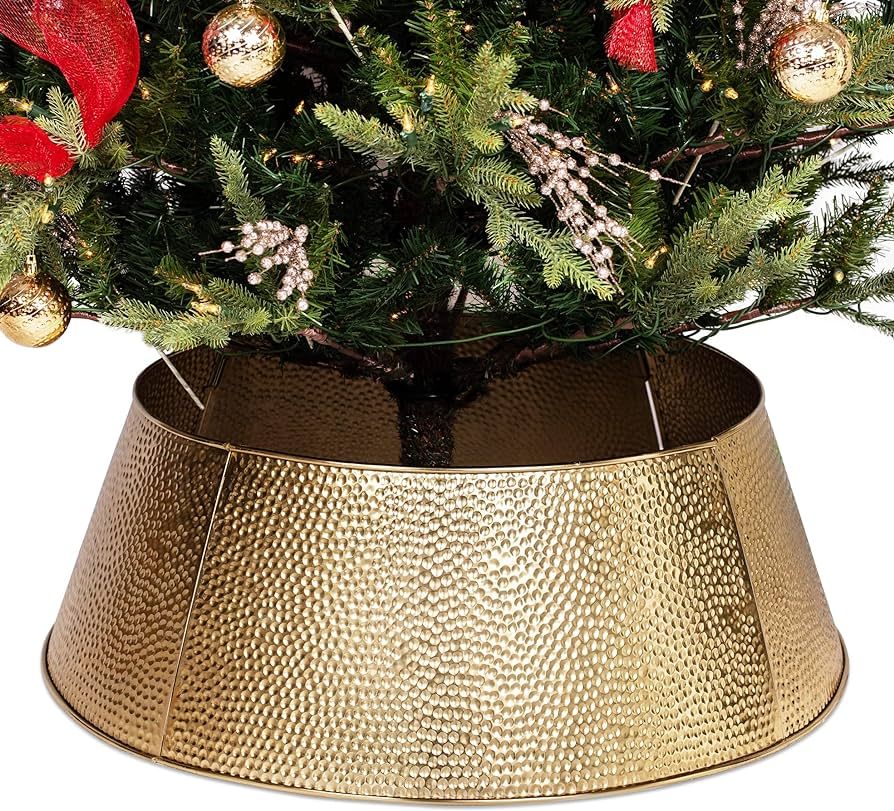 Amazon.com: BIRDROCK HOME 4-Panel Christmas Tree Collar - Hammered - Metal Holiday Skirt Decor - ... | Amazon (US)