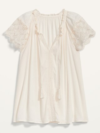Relaxed Tie-Neck Crochet-Lace Sleeve Blouse for Women | Old Navy (US)