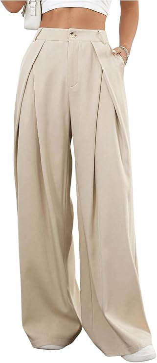 Floerns Women's Elegant Wide Leg Tapered Suit Pants Office Pleated Trousers | Amazon (US)