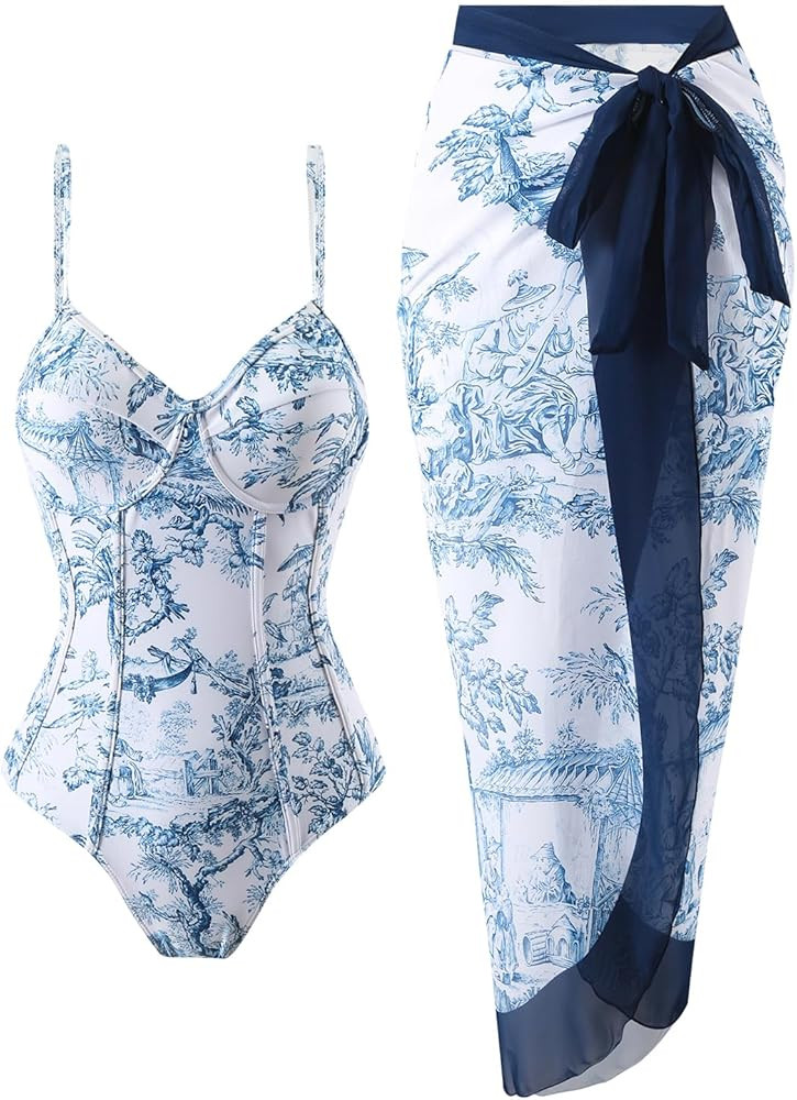 Womens One Piece Swimsuit with Cover Up Sarong Wrap Floral Bathing Suits 1 Piece Swim Suit with B... | Amazon (US)