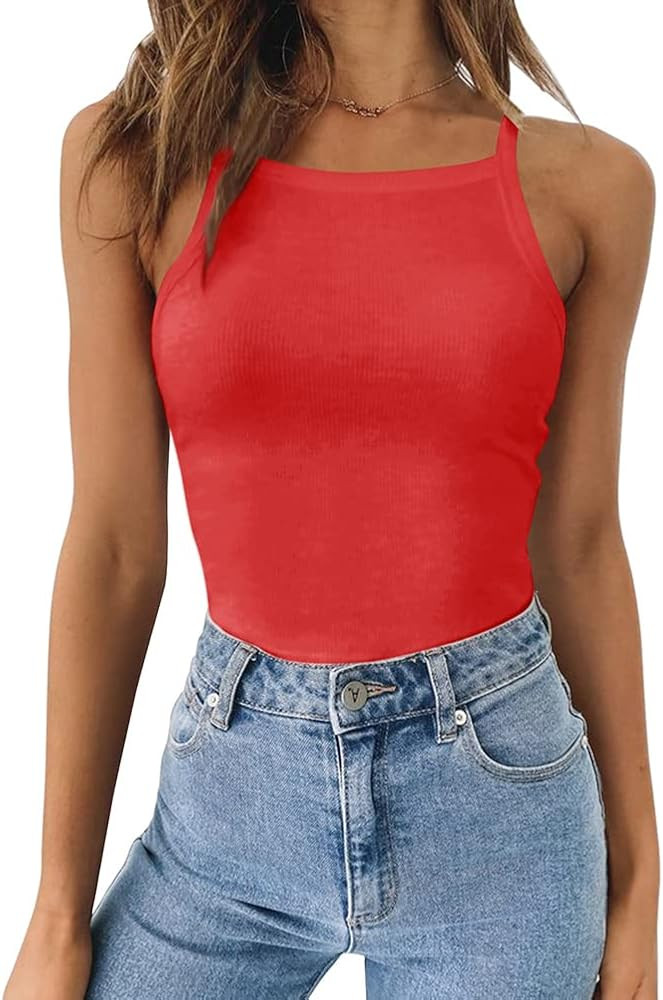 REORIA Women\u2019s Casual Strappy Sleeveless Ribbed Knit Halter Neck Racerback Bodysuit Tank Top... | Amazon (US)