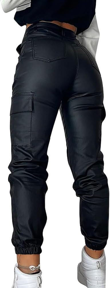 Faux Leather Pants Women High Waisted Straight Leg Petite Pants Slimming Stretchy Waist Casual Tr... | Amazon (US)