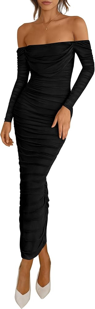 PRETTYGARDEN Womens 2025 Fall Long Sleeve Maxi Dress Off Shoulder Mesh Ruched Bodycon Trendy Long... | Amazon (US)