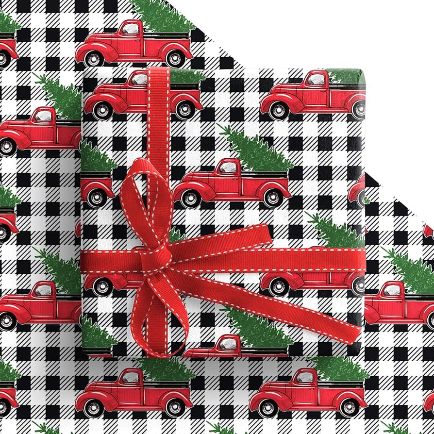 GIOLNIAY Christmas Wrapping Paper for Men Women Kids - Xmas Gift Wrap with Red Truck on White & B... | Amazon (US)