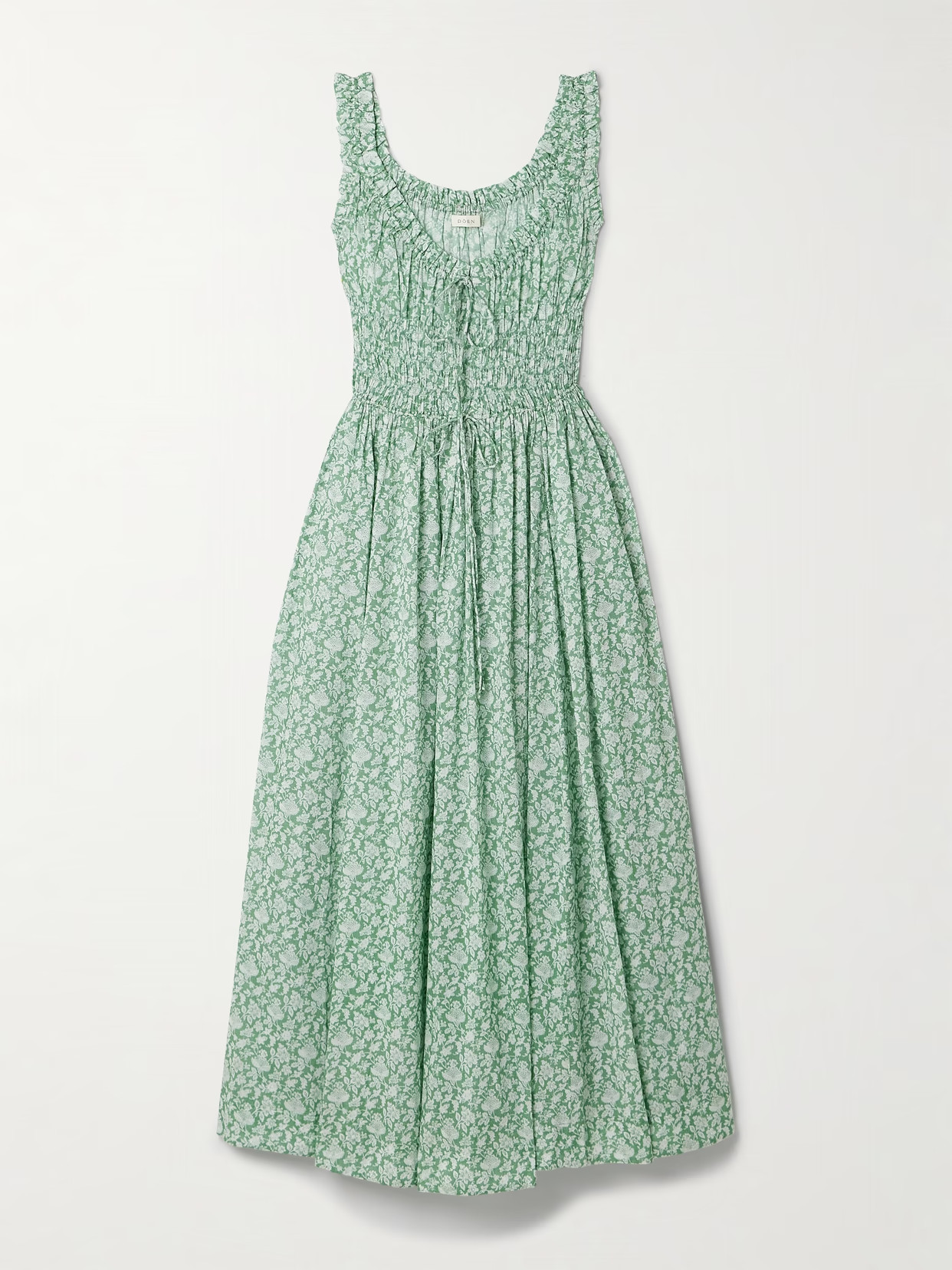 DÔEN - Emmaretta Tie-detailed Shirred Floral-print Organic Cotton-voile Midi Dress - Green | NET-A-PORTER (US)