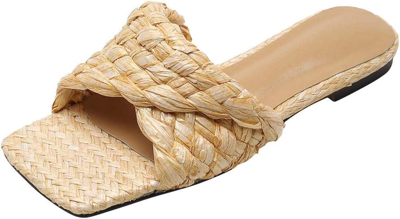 Coonek Straw Sandals For Women Flat Open Square Toe Slides Slip On Casual Mules Summer | Amazon (US)