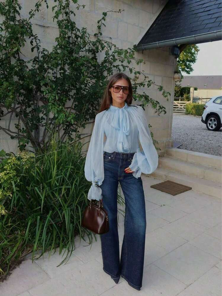 Women's Elegant Casual Stand Collar Sheer Long Sleeve Blouse - Ruffle Hem, Lantern Sleeve, Front ... | SHEIN
