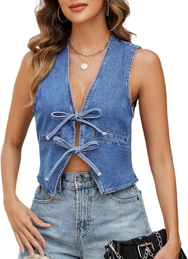 Ladyful Womens Denim Vest V Neck Bow Tie Front Shirt Jean Vest Sleeveless Lightweight Summer Sexy... | Amazon (US)