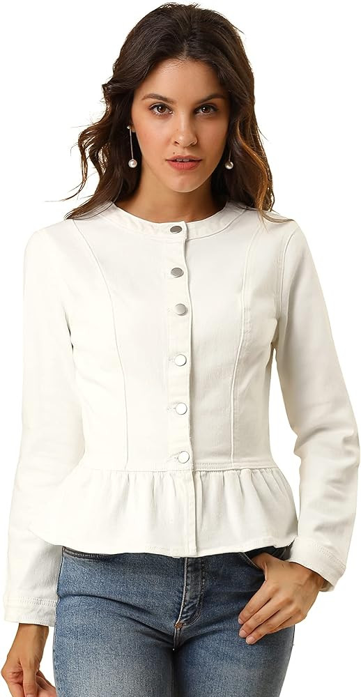 Allegra K Women's Peplum Denim Jackets Collarless Round Neck Button Down Cropped Ruffle Hem Jacke... | Amazon (US)