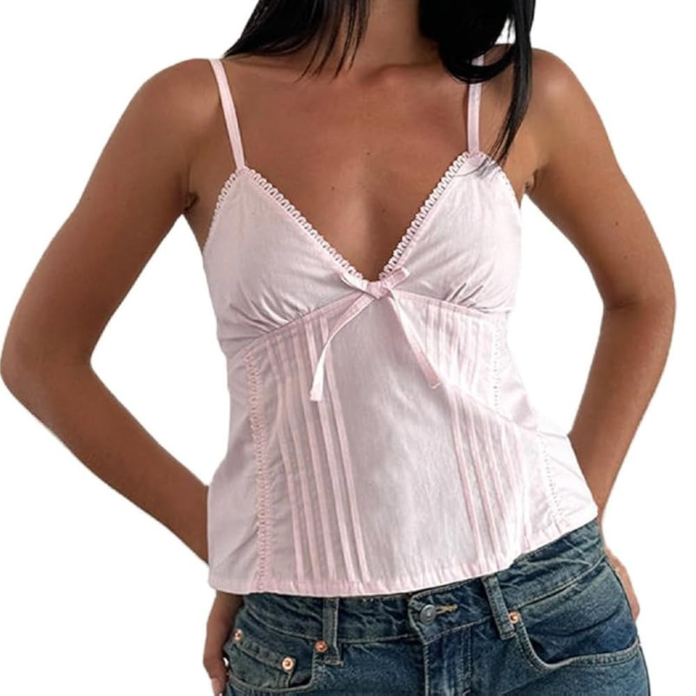 Women Y2k Babydoll Tank Tops Lace Trim V Neck Crop Cami Spaghetti Strap Peplum Top Summer Cute Ae... | Amazon (US)