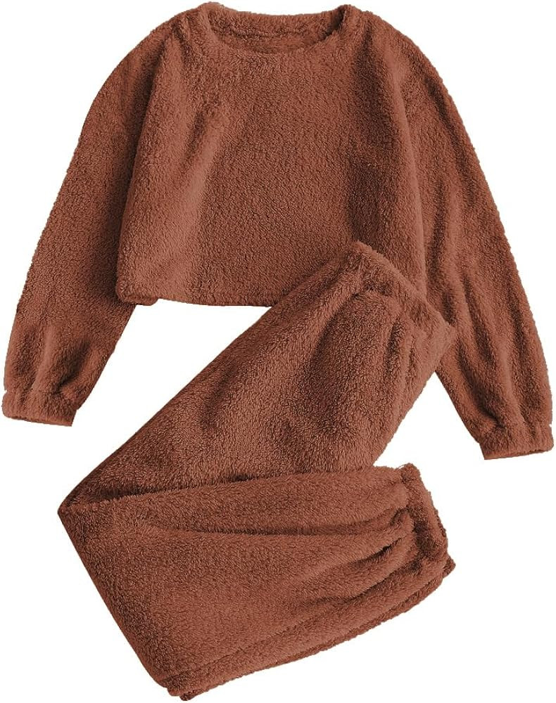 ZAFUL Women's Fuzzy Lounge Casual Pajamas Sets Long Sleeve Fleece Pullover and Pants Set 2 Piece ... | Amazon (US)