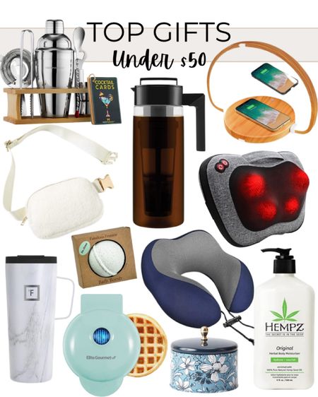 Best gifts under $50 include bath bombs, mini waffle maker, marbled travel mug, candle, hemp body lotion, travel pillow, massage pillow, charging station night light, coffee cold brew maker, cocktail set, and belt bag.

Gift guide, gifts for her, gifts for him, affordable gifts, gifts under 50, Amazon finds 

#LTKunder50 #LTKhome #LTKfamily