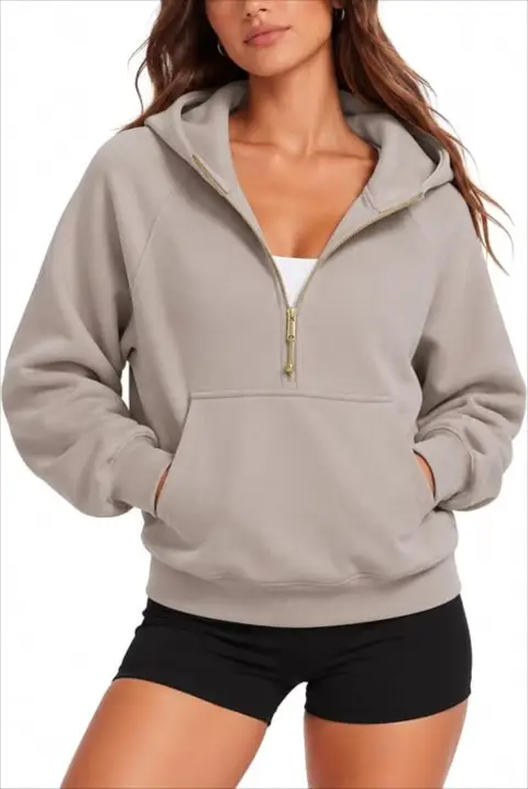 SUUKSESS Women Gold Half Zip up Cotton Hoodies Casual Pullover Sweatshirt