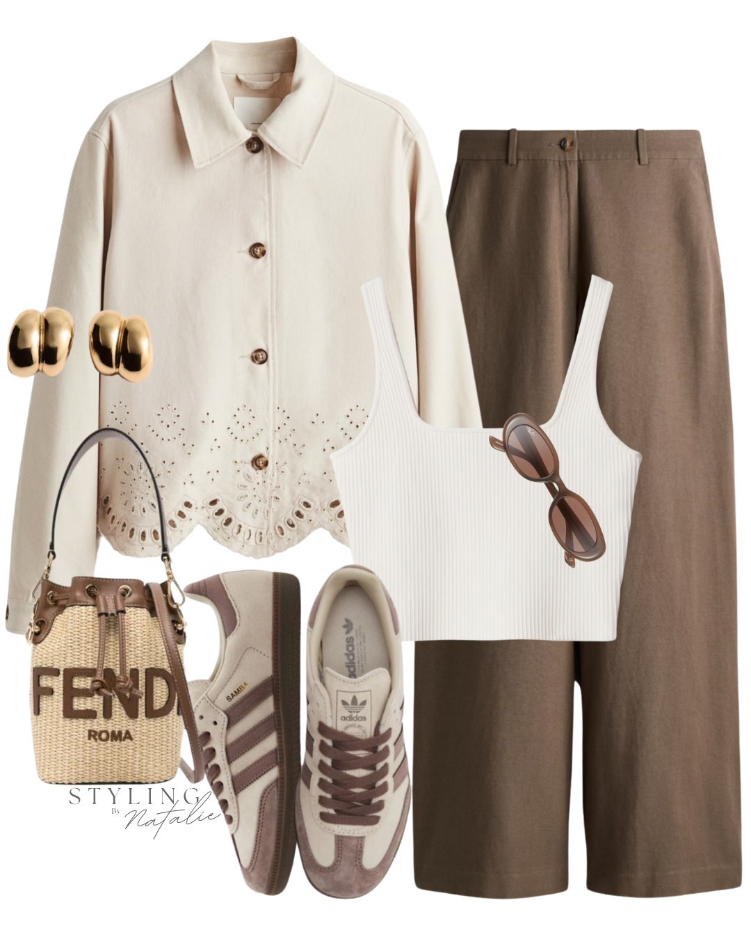 Neutral, casual outfit-Embroidered cut work linen shirt jacket, wide leg linen trousers, ribbed crop top, Adidas Samba trainers, brown Rayban sunglasses, Fendi bucket bag & gold earrings. Casual chic, everyday outfit, high street, H&M, & other stories, sneakers. 

#LTKspring #LTKsummer #LTKeurope