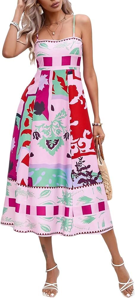 Women Cute Print Maxi Cami Dress Loose Sleeveless Spaghetti Strap Boho Dress Flowy Graffiti Long ... | Amazon (US)