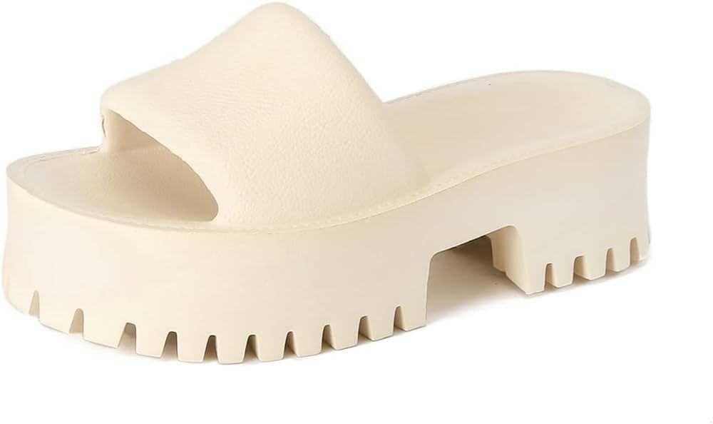 Women Fashion Platform Slippers,Heel Round Open Toe Comfortable Slides Thick Sole Rubber Foam Bea... | Amazon (US)