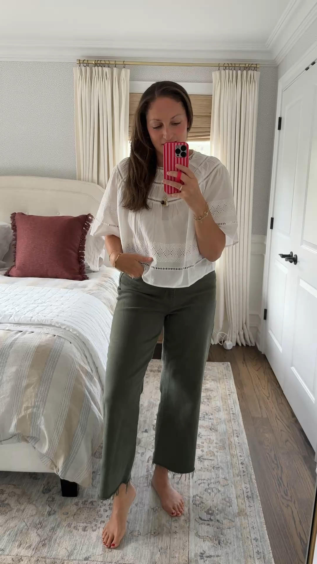 The perfect fall transitional weather outfit!! Been wearing these olive green jeans on repeat — they are so comfortable and flattering! Run true to size. And this gorgeous top that I grabbed over the summer is finally on sale and available in all sizes!! One of those amazing closet staples!!

#LTKSaleAlert #LTKootd #LTKOver40