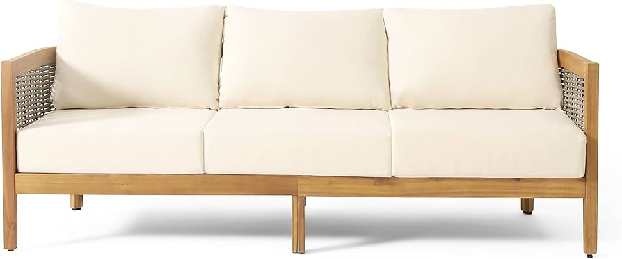 Christopher Knight Home Burchett Outdoor 3 Seater Sofa with Cushions - Acacia Wood and Round Wick... | Amazon (US)
