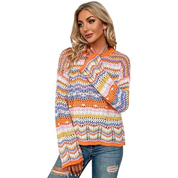 Women' s Y2K Crochet Crop Top See Through Hollow Out Sweater Pullover Long Sleeve Knit Color Block C | Amazon (US)