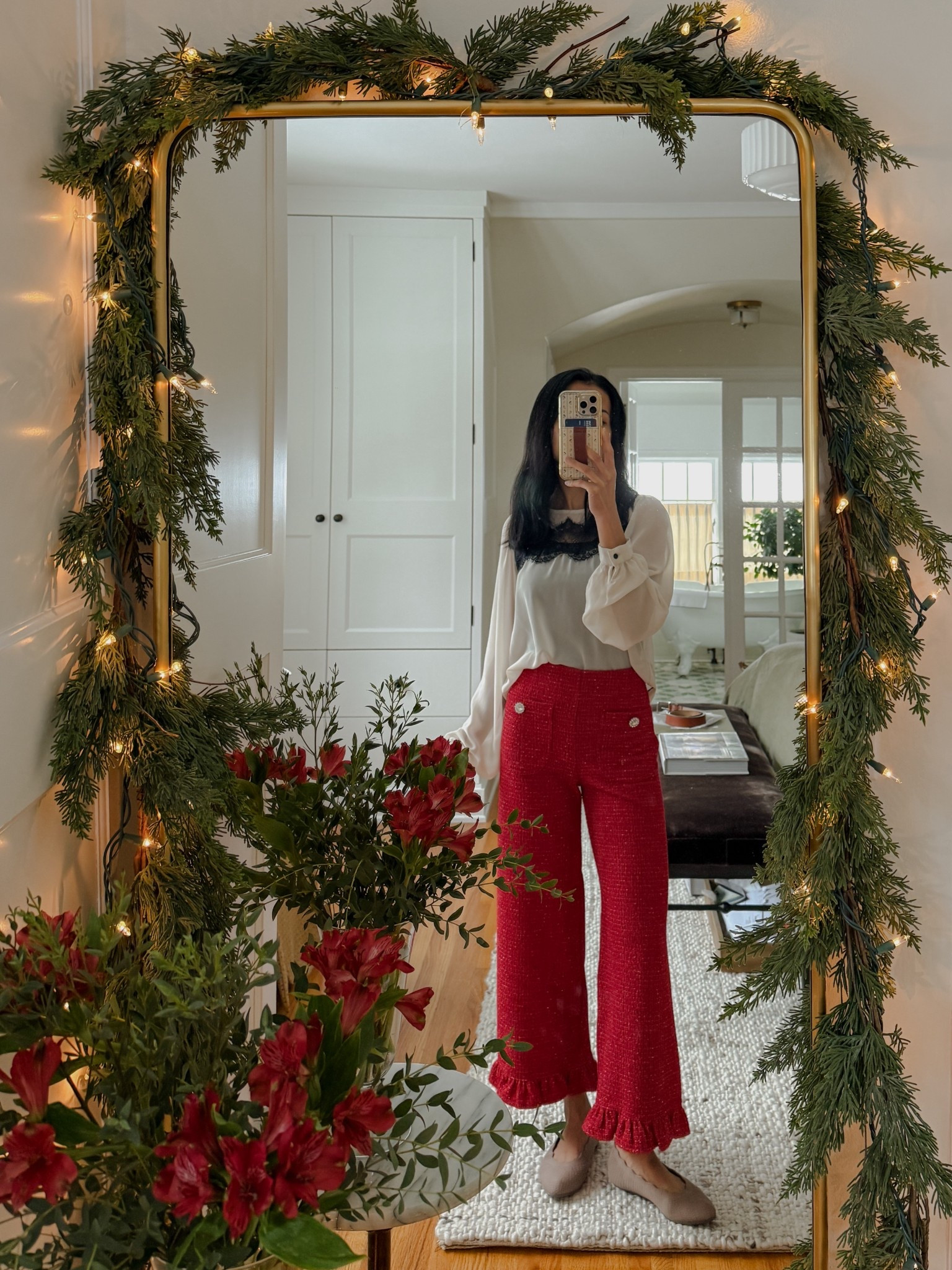 Outfit Option 2: I absolutely love these ruffled hem pants. So comfy and festive  My top is almost two decades old — it’s fun to mix old with new. 

#LTKPetite #LTKOver40 #LTKHoliday